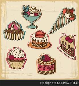Vector illustration of cakes in retro style. Vintage design.. Vector illustration of cakes in retro style.