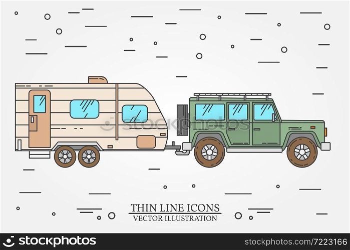 Vector illustration of car and travel trailers. Summer trip family travel concept. Thin line icon. Vector illustration.