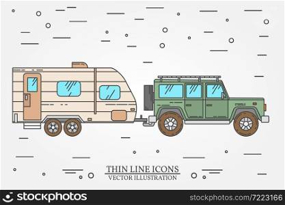 Vector illustration of car and travel trailers. Summer trip family travel concept. Thin line icon. Vector illustration.