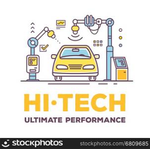 Vector illustration of car high tech service with header on white background. High quality car service and maintenance concept. Flat thin line art style design for car repair, wash, self-service station