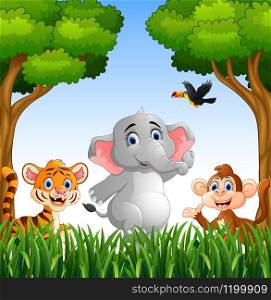 Vector illustration of Cartoon animals in the jungle