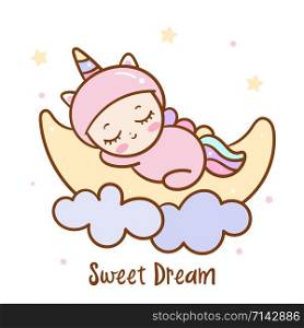 Vector Illustration of Cartoon Baby sleeping on a cloud in cute unicorn dress (Kawaii character): magic time sweet dream Good night, fairy doodle. Perfect for invitations, children books, fashion, banners, greeting cards.