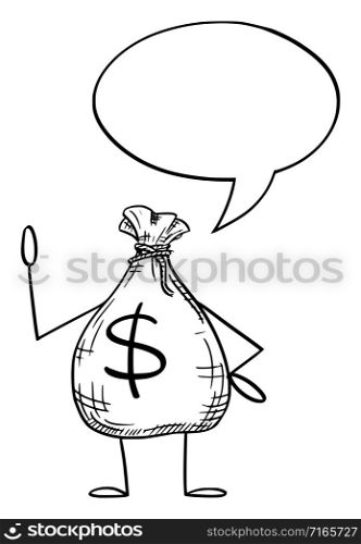 Vector illustration of cartoon bag of money or dollars character with speech bubble.Financial advertisement or marketing design.. Bag of Money or Dollars Cartoon Character With Speech Bubble, Vector Illustration
