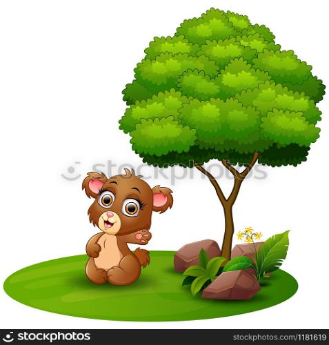 Vector illustration of Cartoon bear waving hand under a tree on a white background