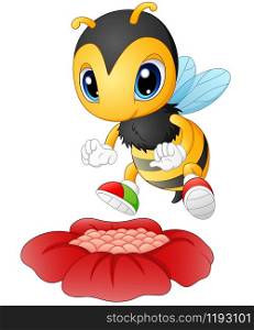 Vector illustration of Cartoon bee happy to see the flower