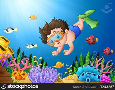 Vector illustration of Cartoon boy diving in the sea