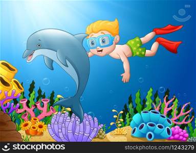 Vector illustration of Cartoon boy diving in the sea with dolphin
