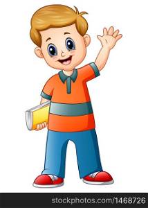 Vector illustration of Cartoon boy holding a book with waving hand