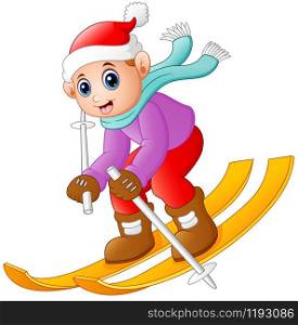 Vector illustration of Cartoon boy skiing down
