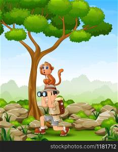 Vector illustration of Cartoon boy using binoculars with a monkey over her head in the forest