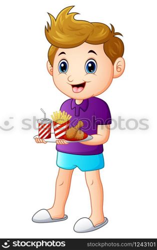 Vector illustration of Cartoon boy with a tray of fast food
