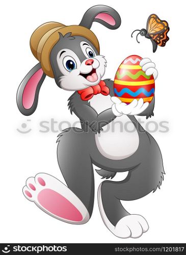 Vector illustration of Cartoon bunny holding Easter egg with butterfly