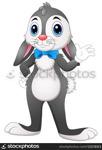 Vector illustration of Cartoon bunny waving hand with blue bow on a white background