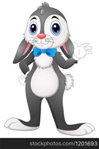 Vector illustration of Cartoon bunny waving hand with blue bow on a white background