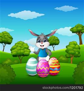 Vector illustration of Cartoon bunny waving hand with easter eggs in the park