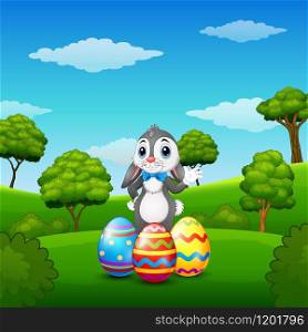 Vector illustration of Cartoon bunny waving hand with easter eggs in the park