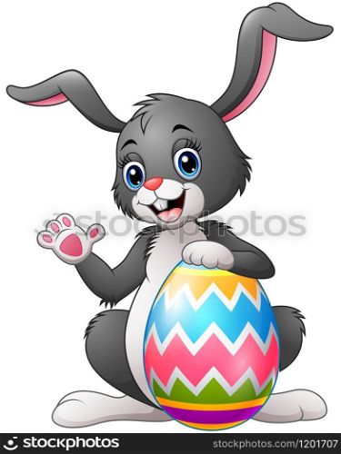 Vector illustration of Cartoon bunny waving hand with holding Easter egg
