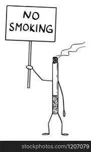 Vector illustration of cartoon burning cigarette character holding no smoking sign in hand. Tobacco or nicotine prohibition design.. Burning Cigarette Cartoon Character Holding No Smoking Sign in Hand. Vector Illustration