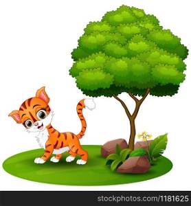 Vector illustration of Cartoon cat under a tree on a white background
