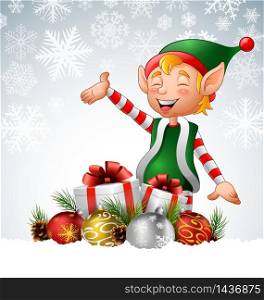 Vector illustration of Cartoon christmas elf with gift boxes and balls in snow