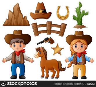 Vector illustration of Cartoon cowboy and cowgirl with wild west elements