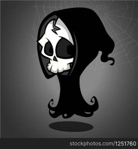 Vector illustration of cartoon death Halloween monster isolated on dark background. Grim Reaper