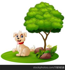 Vector illustration of Cartoon dog sitting under a tree on a white background