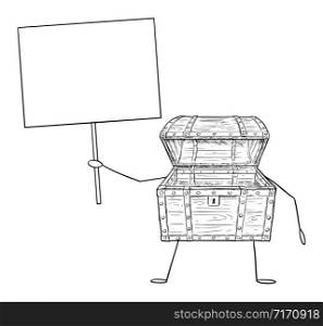Vector illustration of cartoon empty open treasure pirate chest character holding empty sign in hand. Economy or financial advertisement or marketing design.. Open Empty Treasure Pirate Chest Cartoon Character Holding Empty Sign in Hand, Vector Illustration