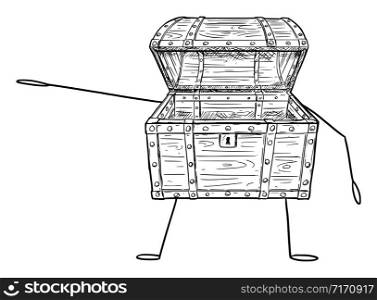 Vector illustration of cartoon empty open treasure pirate chest character showing or pointing at something by hand. Economy or financial advertisement or marketing design.. Open Empty Treasure Pirate Chest Cartoon Character Pointing at Something by Hand, Vector Illustration