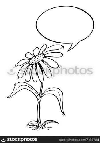 Vector illustration of cartoon flowering daisy plant character with speech bubble. Ecology or nature advertisement or marketing design.. Flowering Daisy Plant Cartoon Character With Speech Bubble, Vector Illustration