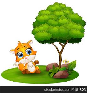 Vector illustration of Cartoon fox under a tree on a white background