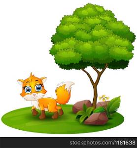 Vector illustration of Cartoon fox under a tree on a white background