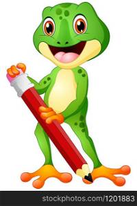 Vector illustration of Cartoon frog holding a pencil