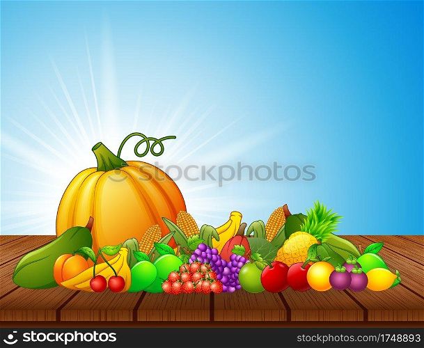 Vector illustration of Cartoon fruits and vegetables on wooden table