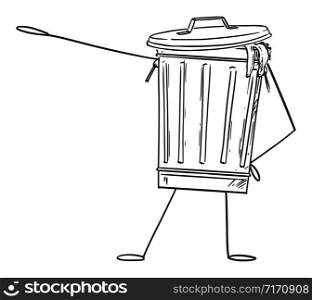 Vector illustration of cartoon garbage bin or can character showing or pointing at something by hand. Recycling or environmental advertisement or marketing design.. Garbage Bin or Can Cartoon Character Pointing at Something by Hand, Vector Illustration