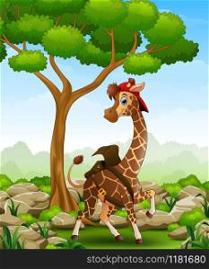 Vector illustration of Cartoon giraffe in a bag and cap in the jungle