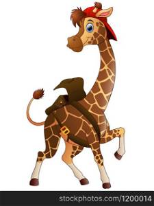 Vector illustration of Cartoon giraffe wearing a bag and cap