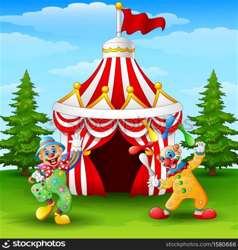 Vector illustration of Cartoon happy clown on the circus tent background