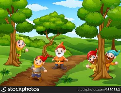 Vector illustration of Cartoon happy dwarf in the forest