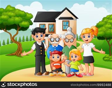 Vector illustration of Cartoon happy family members in the front yard of the house