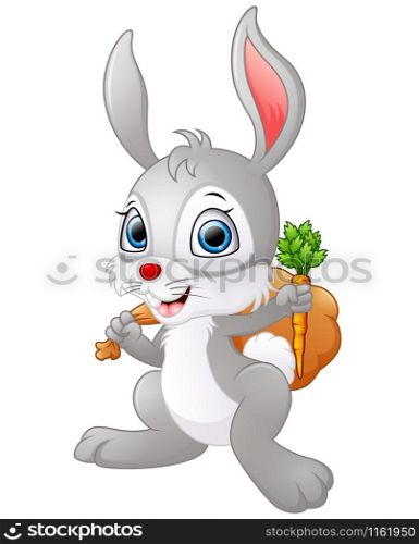 Vector illustration of Cartoon happy rabbit holding a carrot and a sack