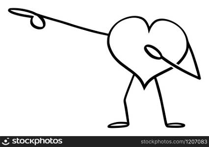 Vector illustration of cartoon heart the love symbol character showing or pointing at something by hand.Valentine advertisement or marketing design.. Heart the Love Symbol Cartoon Character Pointing at Something by Hand. Vector Illustration