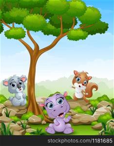 Vector illustration of Cartoon hippo with koala and squirrel in the jungle