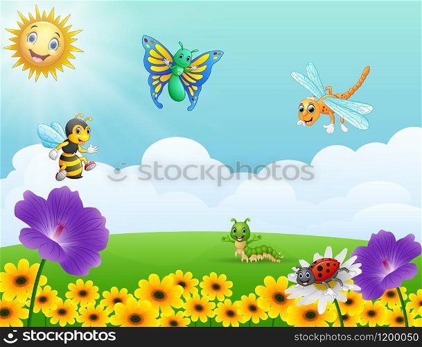 Vector illustration of Cartoon insects in the garden