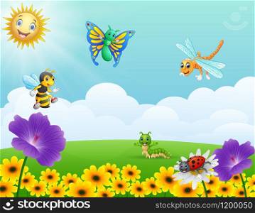 Vector illustration of Cartoon insects in the garden