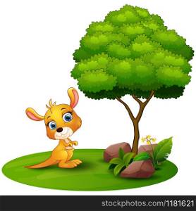 Vector illustration of Cartoon kangaroo under a tree on a white background