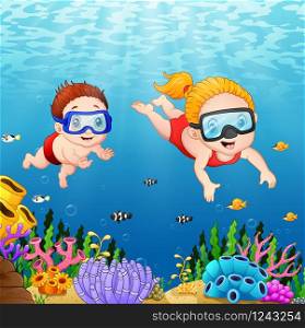Vector illustration of Cartoon kids diving underwater