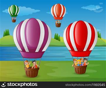 Vector illustration of Cartoon kids flying in a hot air balloon at the riverbank