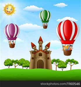 Vector illustration of Cartoon kids riding in a hot air balloon near the castle