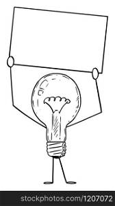 Vector illustration of cartoon light bulb character holding empty sign in hand. Innovation or idea advertisement or marketing design.. Light Bulb Cartoon Character Holding Empty Sign in Hand. Vector Illustration
